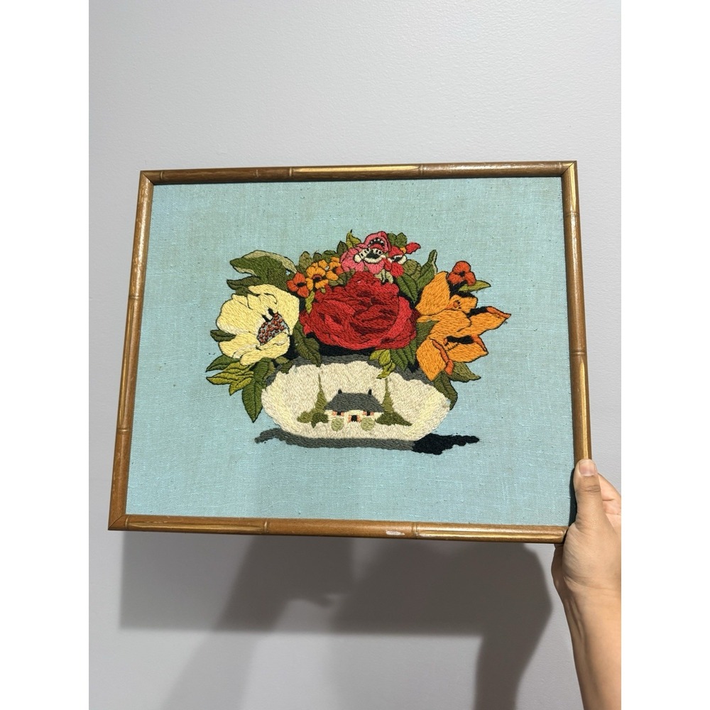 Rare Framed Crewel Embroidery Floral Vase Finished Piece 19x15.5" Bamboo Frame